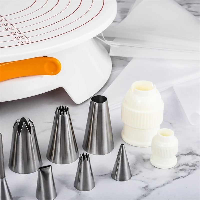 Top-15Pcs Multi-Function Cake Decorating Kit Cake Turntable Set Pastry Tube Fondant Tool Kitchen De