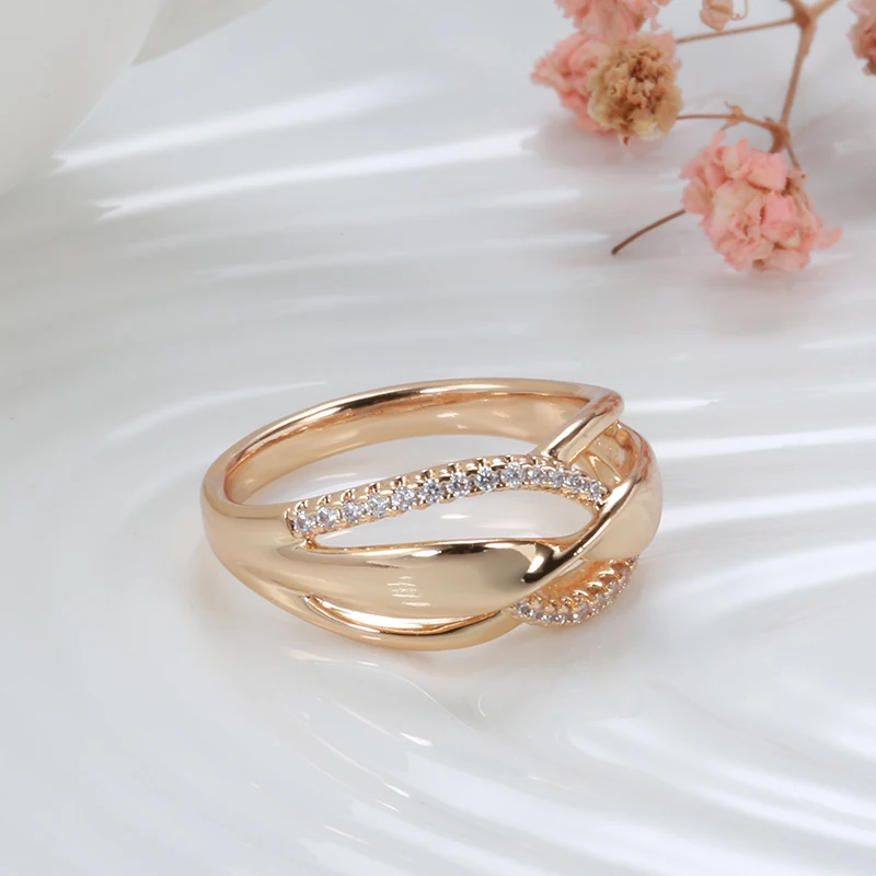 Fashion Twist Double Zircon Women Rings 585 Gold Color Trendy Party Accessories Modern Wedding Jewelry Hypoallergenic wedding rings gold plated rings gold rings golden ring