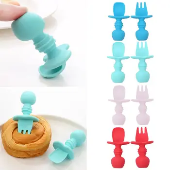 

2Pcs/Set Baby Silicone Spoon Fork Eco-Friendly Infant Training Feeding Tableware Y4QA