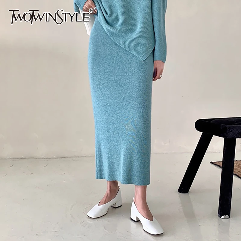 

TWOTWINSTYLE Knitted Elegant Women's Skirts High Waist Ankle Length Slim Pencil Skirt Female Autumn Fashion New Clothing 2019
