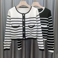 Aliexpress - Women O-Neck Knitted Full Sleeve Cropped Buttons Sweaters Cardigans Lady Autumn Spring Striped Sweater Crop Tops Female