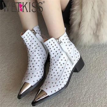 

WETKISS New Rivets Ankle Boots Pointed Toe Motorcycle Women Studded Genuine Leather Zipper Chunky Heels Booties Lady Shoes