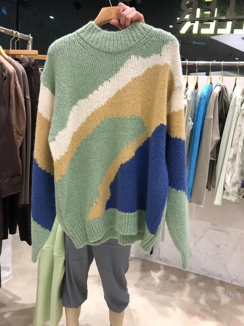 

2020 Autumn and Winter New Elegant Youthful-Looking Loose Color Matching Long Sleeve Pullover Knitted Sweater Women's Jumper