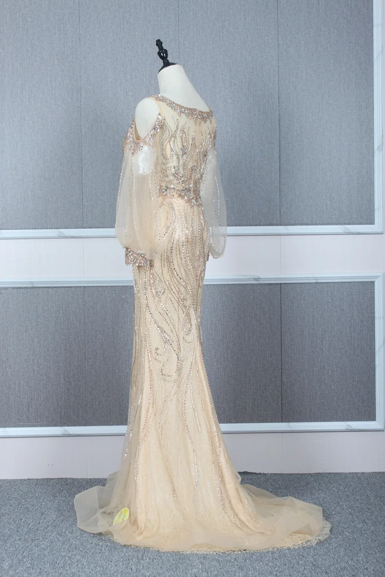 SoAyle Luxury Beaded Evening Dress High-end Dress O neck Mermaid Evening Dresses Long Sleeves Unique Vestido de Festa