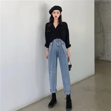 Брюки Для женщин Новинка раннюю осень Высокая Талия обтягивающие джинсы Гарун брюки свободные Bf чистый красный джинсы