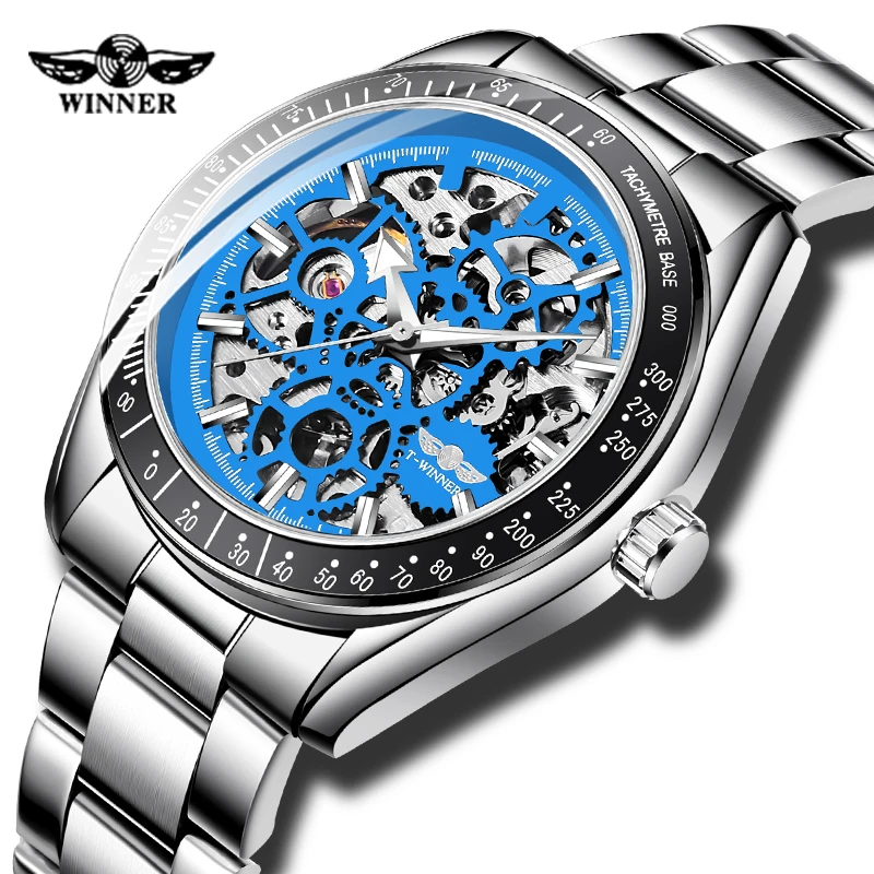 

Top Brand WINNER Skeleton Designer Blue Engraving Clock Men Automatic Watch Stainless Steel Luxury Waterproof Watch Montre Homme