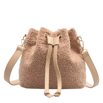

Ladies Bag Messenger Drawstring Casual Bag New Simple Woolen Shoulder Fashion Personality lattice Simple Wild Drawstring