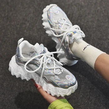 

Fashion Silver Bright Women Chunky Sneakers Deep mouth Mesh Breathable Paltform Ladies Dad Shoes Thick Soles Vulcanized Shoes