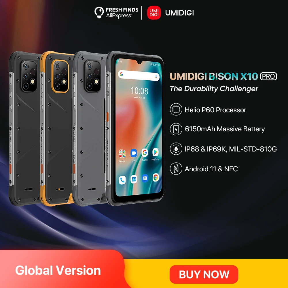 Смартфон UMIDIGI BISON X10 PRO NFC 6 53 дюйма HD + IP68 IP69K 4 128 ГБ тройная камера 20 МП аккумулятор 6150