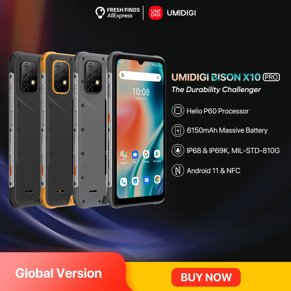 UMIDIGI BISON X10 PRO Smartphone NFC Global Version 6.53" HD+ IP68 IP69K 4GB 128GB Helio P60 20MP Triple Camera 6150mAh Battery best poco phones