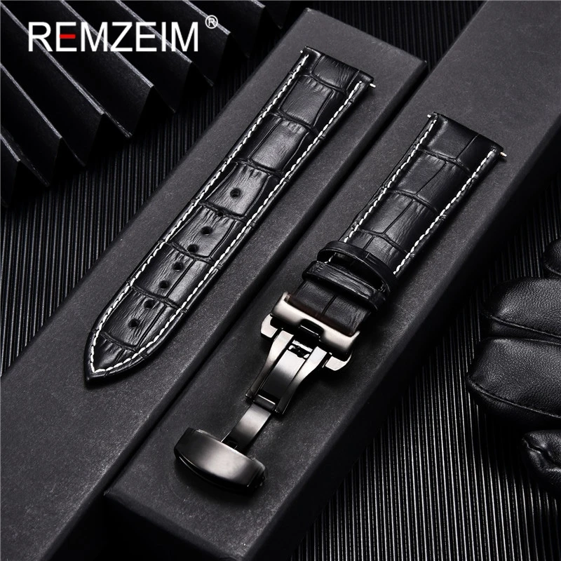 Embossed Genuine Leather Strap with Automatic Butterfly Buckle - Business Watchband