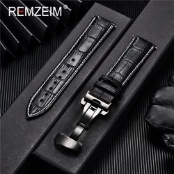 Embossed Genuine Leather Strap with Automatic Butterfly Buckle - Business Watchband - 18mm (Black - w - b)
