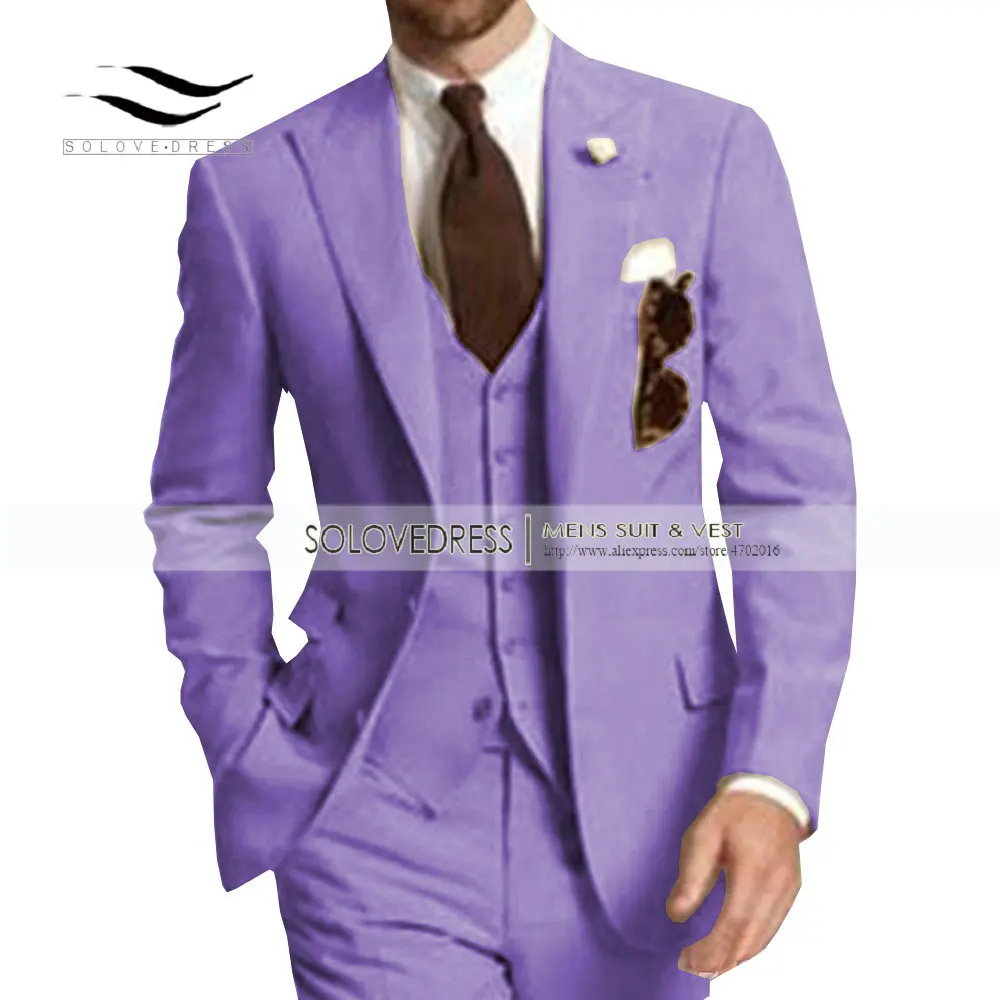 Мужские свадебные костюмы из 3 предметов для отдыха, элегантные смокинги с отворотом, мужские костюмы для женихов, мужские костюмы(пиджак+ жилет+ брюки - Цвет: Light Purple