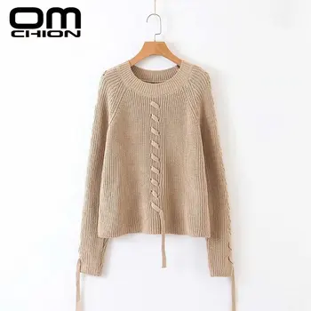 

OMCHION New 2019 Autumn Winter O Neck Lace Up Women Sweaters And Pullovers Long Sleeve Sweater Casual Loose Korean Top LMY228