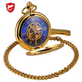 

KS Golden Steampunk Roman Mechanical Blue Pocket Watch Hand Winding Men Clock Fobs Long Chain Key Pendant Watches 2020 Fashion