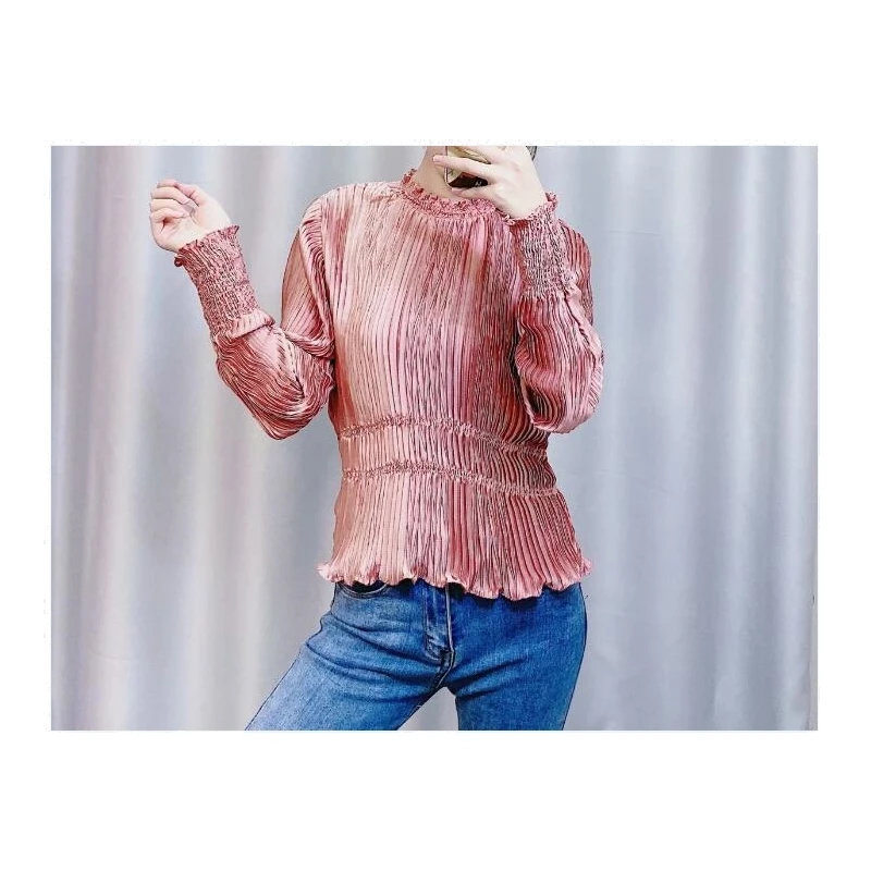  Women stylish solid color casual slim pleated smock blouse office ladies long sleeve shirts chic ag