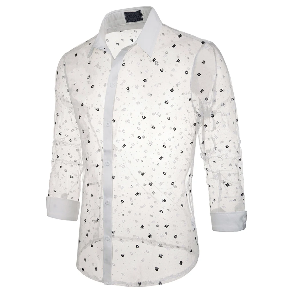 White Style A Сексуальная прозрачная Мужская рубашка Повседневная печать Camisa Masculina полый Тонкий рубашки топы Chemise Homme тонкая гавайская рубашка - Цвет: White Style A