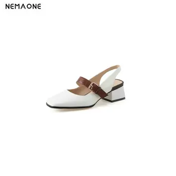 

Mary Janes Metal Buckle Women pumps Genuine Leather Thick High Heels Pumps Summer Fashion Wedding Basic Shoes Woman