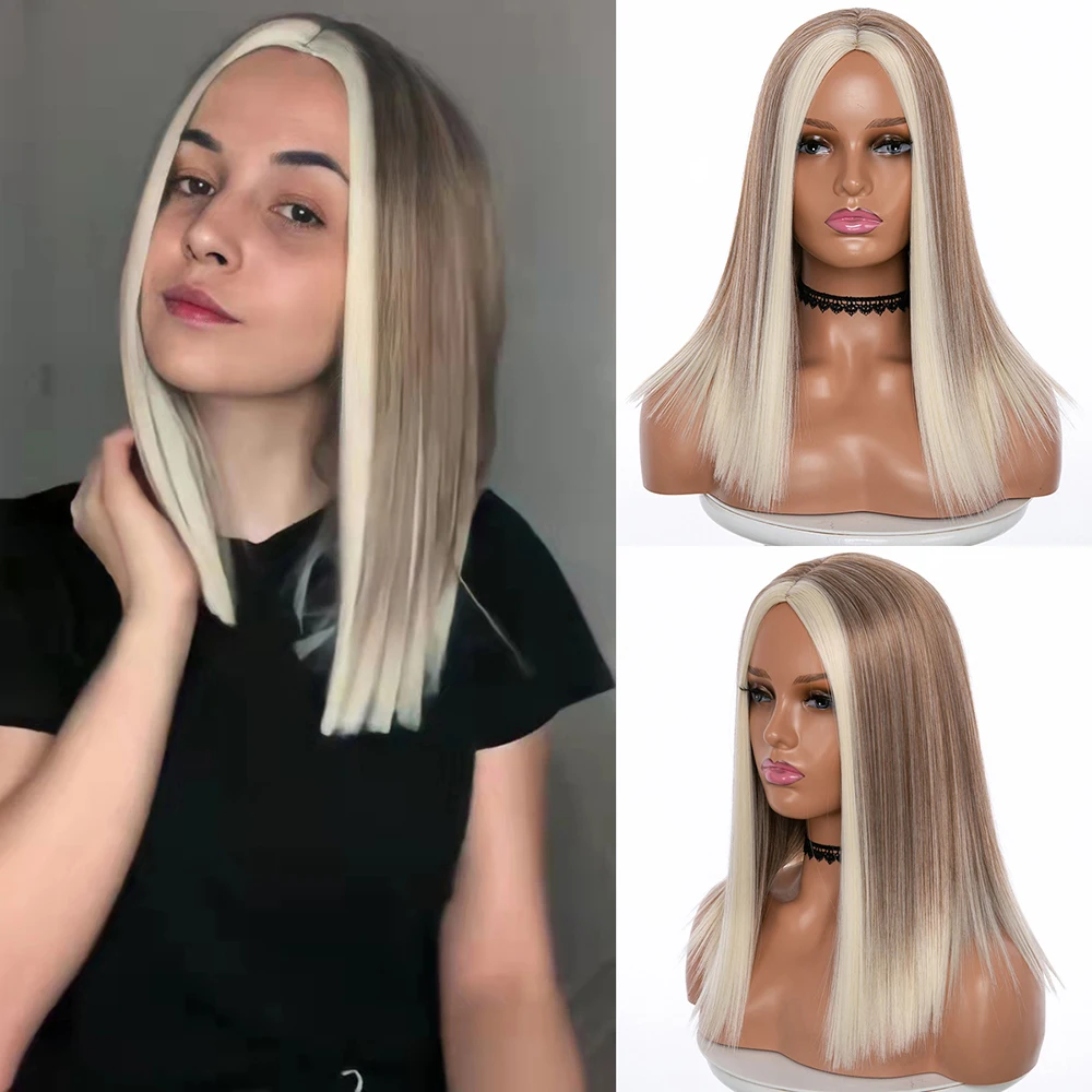 

Short Blonde Straight Highlights Wigs for Black/White Women Middle Part Ombre Brown Mix Blonde Bob Wig Synthetic Hair Shoulder L