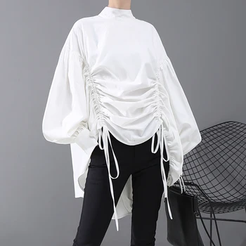 

Z-zoux Women Shirt Flare Sleeve Drawstring Bandage Black White Woman Blouses Shirts Irregular Loose Casual Black White Shirts