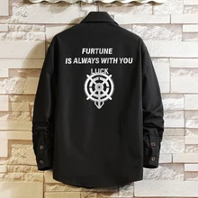 

Letter Painting Print Long Furtune With You Print Sleeve Dress Men Harajuku Hip Hop Casual Button Down Shirt Streetwear Tops
