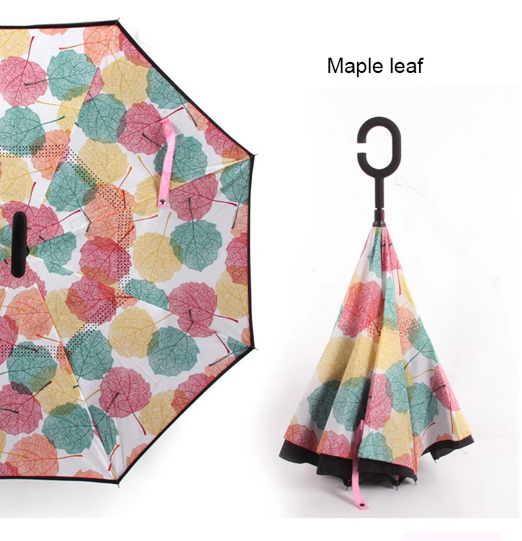 Анти УФ перевернутый обратный зонтик из бисера Ветрозащитный складной солнечный и дождливый для мужчин и женщин двойной слой Зонты стенд внутри - Цвет: maple leaf