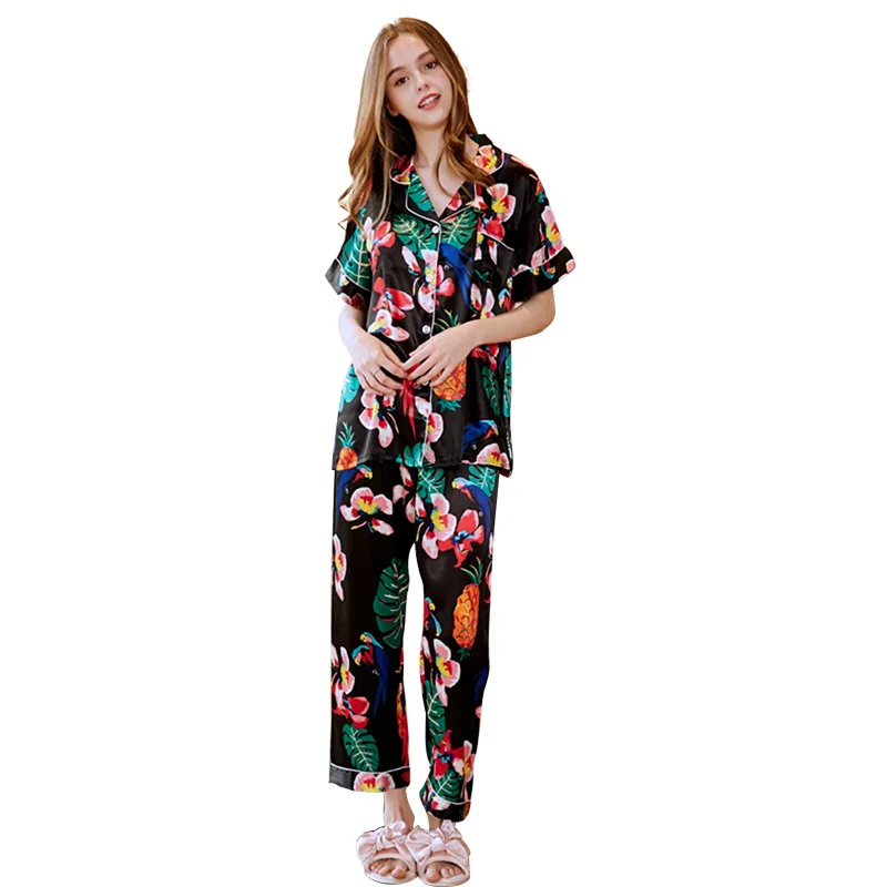 

Fiklyc Silk Pajamas Ladies Summer Short-Sleeved Trousers Mushroom Flower Two-Piece Suit Home Service