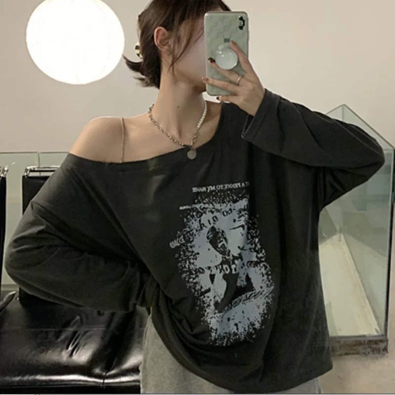 Women's Crossbody T-shirt Spring and Autumn Thin Niche Design Chain Sexy Large Fashionable Loose American Long-Sleeved Top | Женская