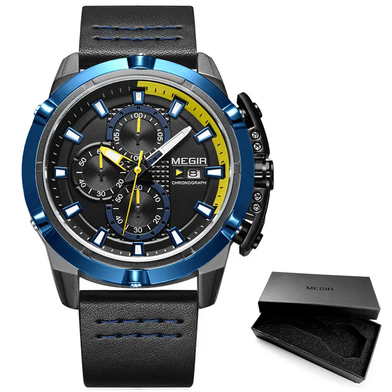 Megir Мужские Аналоговые кварцевые часы с хронографом, светящиеся стрелки, 3 АТМ, водонепроницаемые наручные часы для мужчин, спортивные часы для мальчиков, 2062 г - Цвет: M2062Blue