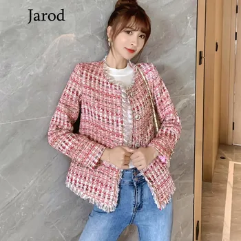 

New Tweed Pink Jacket Woven Woolen Cotton Coat Plaid Single Breasted Button Office Ladies Casual Autumn Women Jackets Clothes