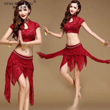 

New Women Sexy Lady Belly Dance Costume Set Lace Top&Skirt Dancer Performance Practice Clothes Suit Lace Irregular Short Skirt