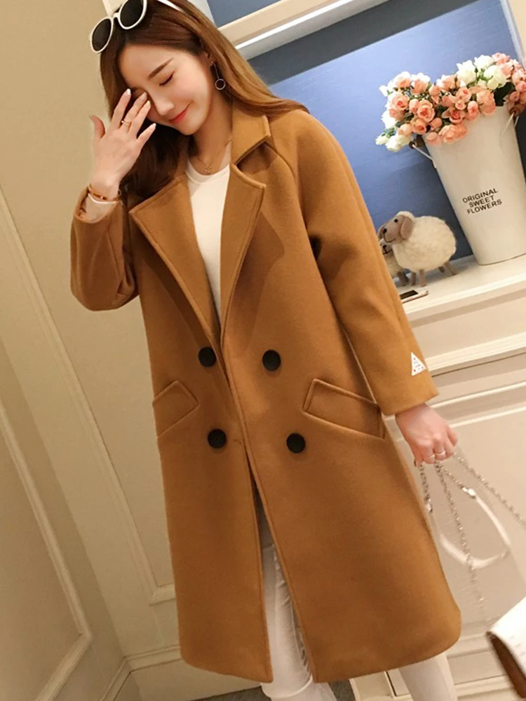 Однотонное зимнее шерстяное пальто, женское свободное двубортное длинное кашемировое пальто, Женское шерстяное пальто размера плюс, осенняя верхняя одежда