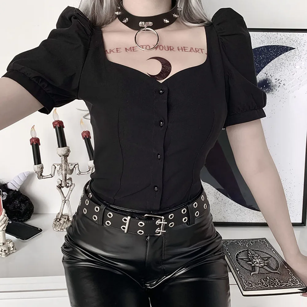 Rosetic Gothic Shirt Women Black Blouse Short Sleeve Retro Blouses Button Slim Chic Summer Tops Girl 2020 Fashion Design Shirts