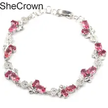 Великолепный розовый турмалин Белый CZ женский свадебный серебряный браслет 7,0-8.0in 23x11 мм