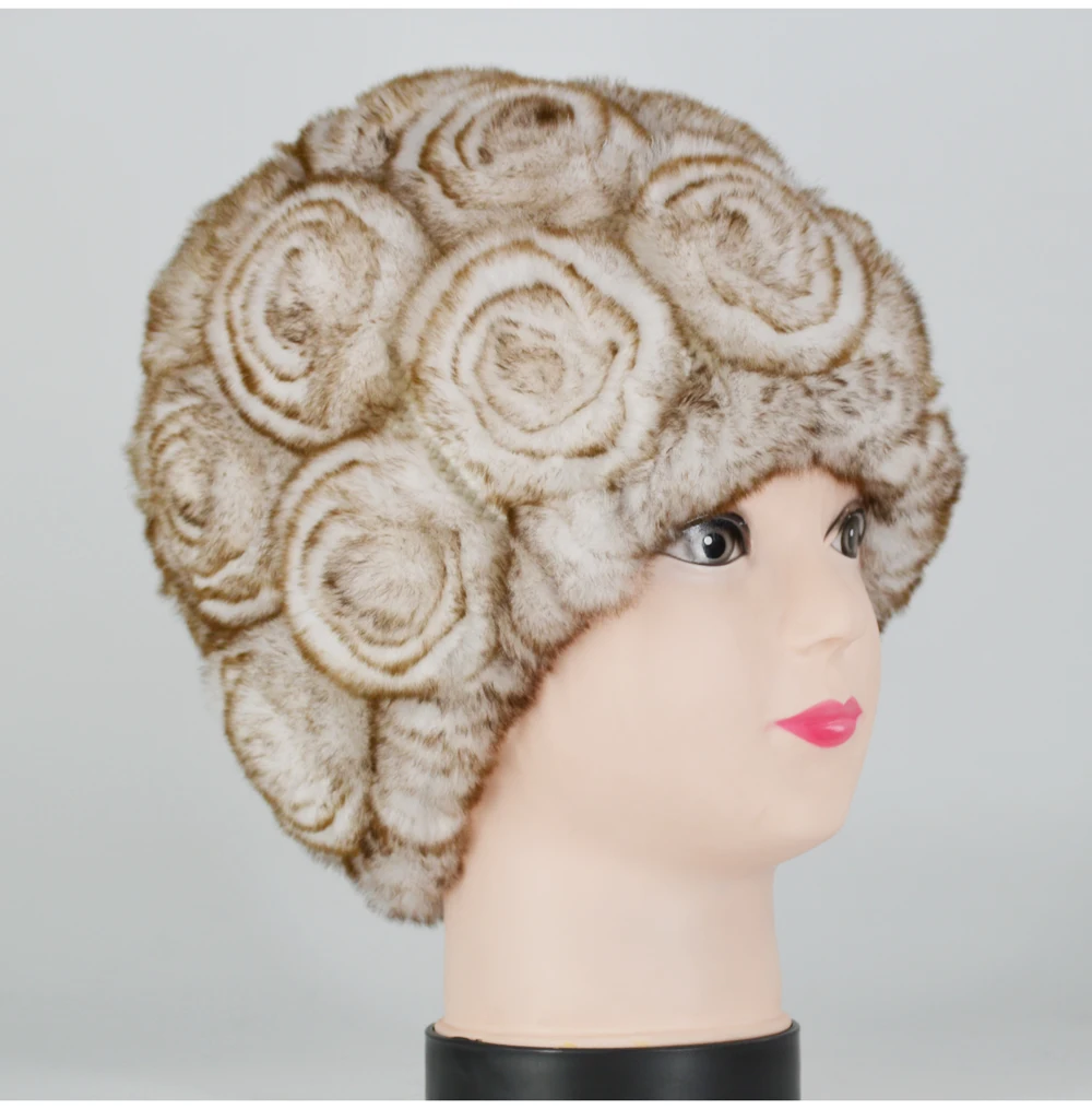 Winter Rex Rabbit Fur Hat Women Knitted Natural Rex Rabbit Fur Flowers Beanies Hats Warm Soft Real Rex Rabbit Fur Caps