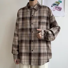 Spring Cotton Plaid Shirt Men's Fashion Retro Brown Casual Shirt Men Streetwear Wild Loose Long-sleeved Shirts Mens M-XL