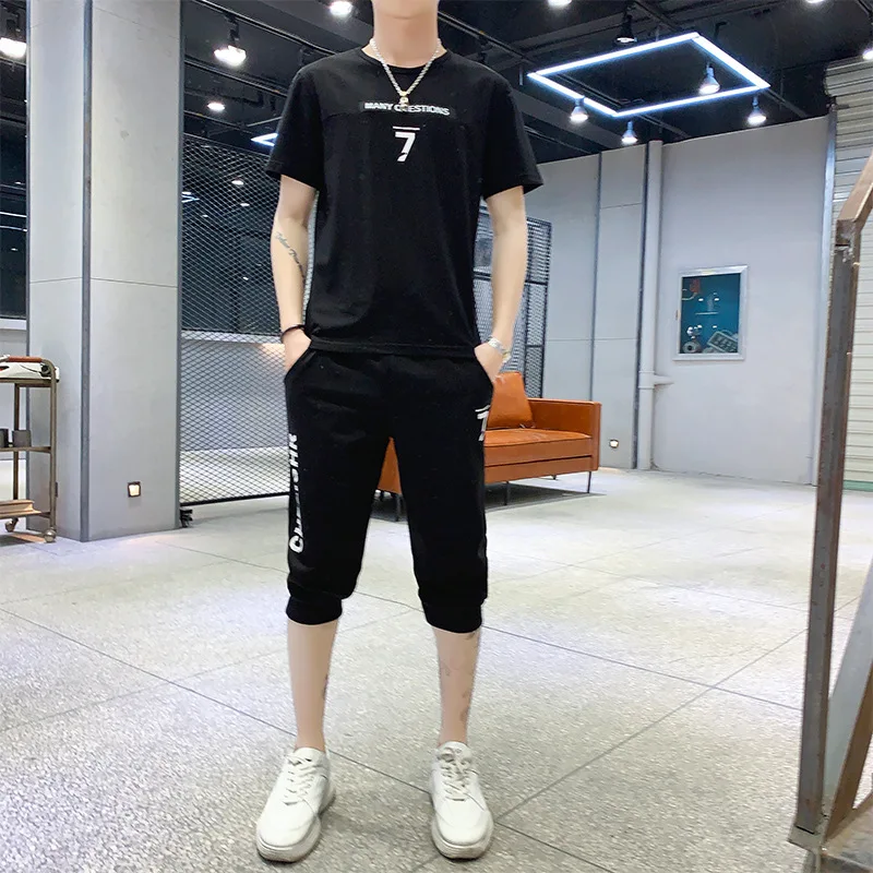 

2019 New Style Men a Set of Summer Wear Teenager Casual Loose-Fit Handsome Short Sleeve T-shirt Suit Simple Sports Men's