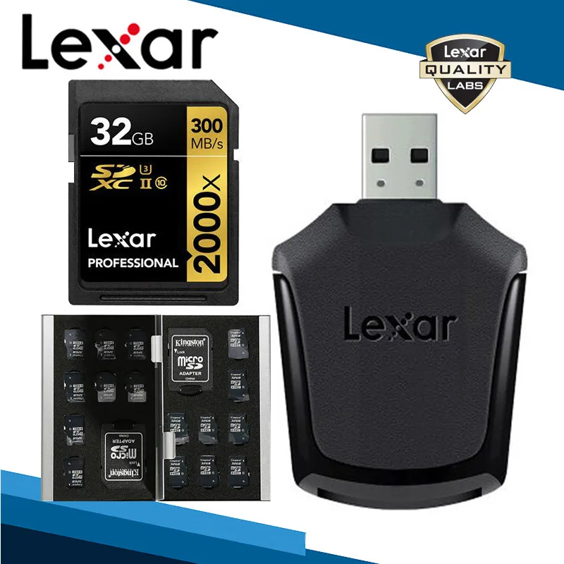 32GB Lexar sd-карта+ кард-ридер+ чехол для карт 2000x SDXC карта памяти 32 Гб 64 Гб 128 ГБ высокоскоростная U3 C10 USH II V90 300MBS флеш SD карта - Емкость: 32GB