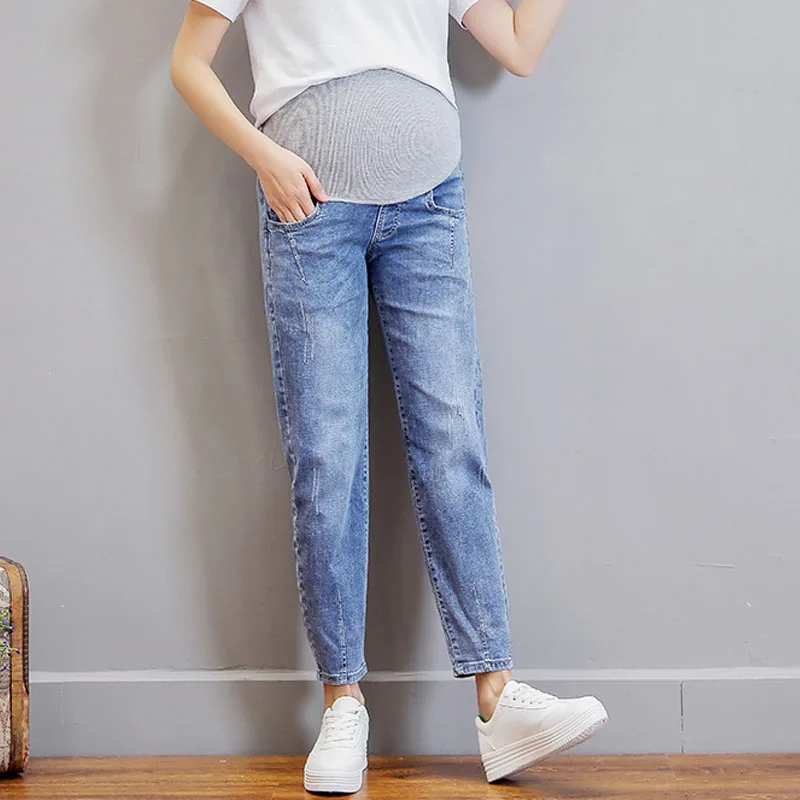 Прямые джинсы для беременных Брюки-шаровары для беременных Одежда бойфренд брюки джинсовые Джинсы Одежда для беременных - Цвет: Синий