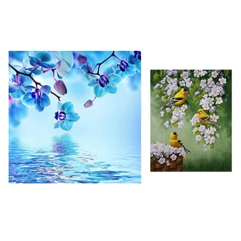 

2 Set 5D Diy Diamond Painting Embroidery Cross Stitch-Beautiful Orchid, Lake Surface & Yellow Bird and White Flowers