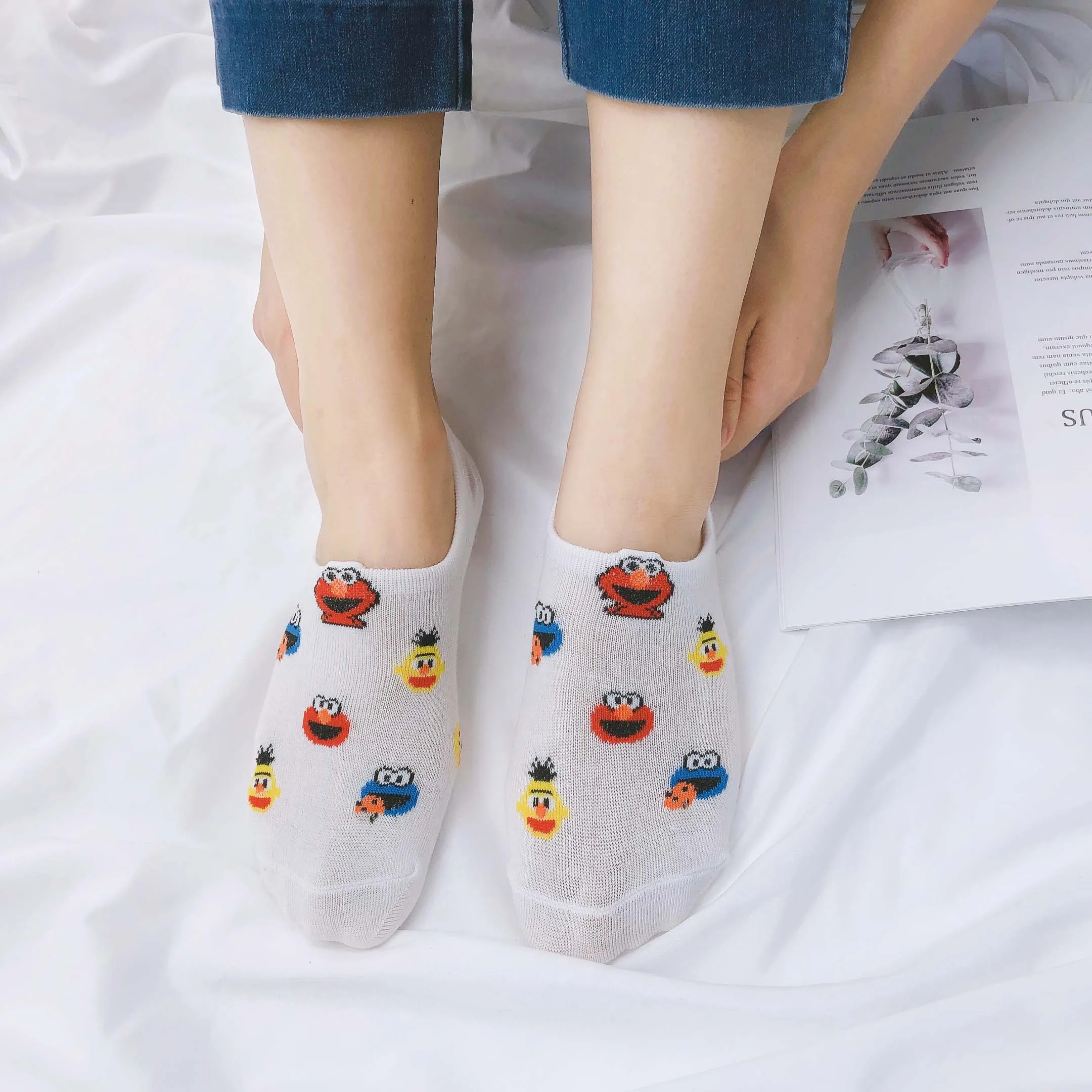 

3 pairs women Sesame Street Invisible socks Cartoon Thin section cotton ankle no show socks ins happy fuuny korean style