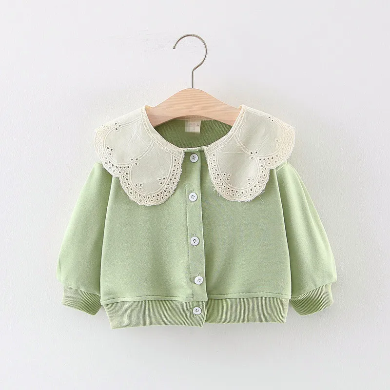 Baby Girls Autumn Clothing Princess Coat Girls Solid Color Tops Lace Collar Coat Long Sleeve Peter Pan Collar Cardigan
