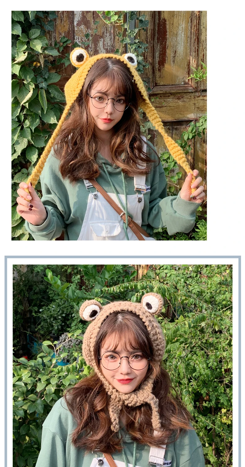 H7735 Frog Knitted Beanie Hat Women Autumn Winter Sweet Cute Warm Korean Headpiece Student Girl High Quality Fashion Thick Hats