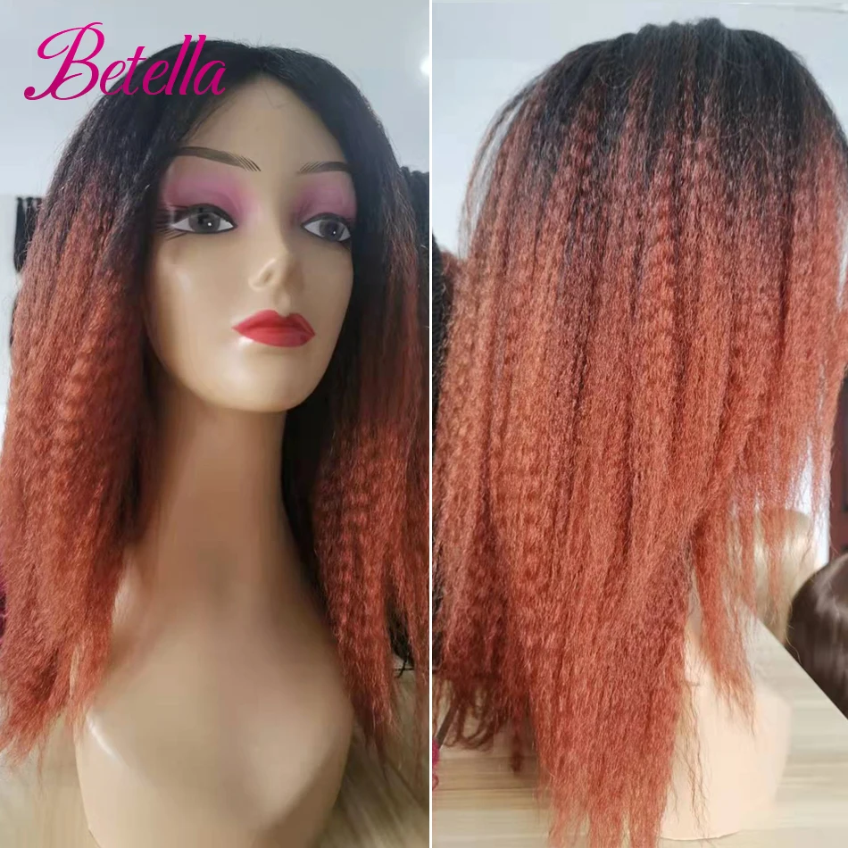 Kinky Curly Afro Hair Wigs Yaki Straight Wigs Ombre Synthetic Wig For Women Medium Part Women Black Natural Female Wigs cosplay