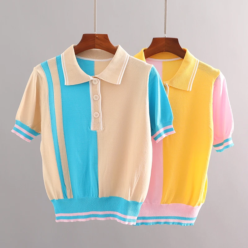 Polo de Color de contraste para mujer, camisetas contraste de Color caramelo, Tops finos manga corta para mujer 2021|Camisas polo| - AliExpress