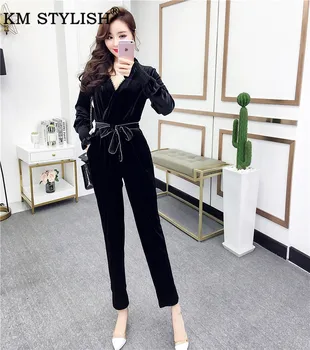 

Women's Jumpsuits Fashion Overalls Female Autumn new V-neck velvet Rompers casual high waist black trousers women's tide