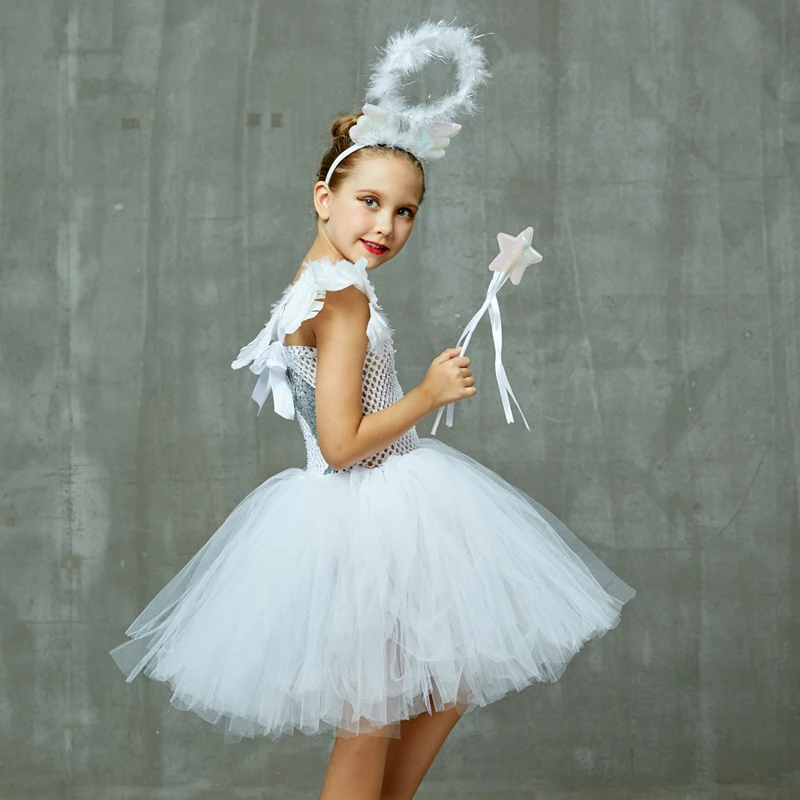 Girls White Heavenly Angel Tutu Dress with Halo & Sequin Angel Wings Back Children Halloween Fancy Dress Up Christmas Costume (13)