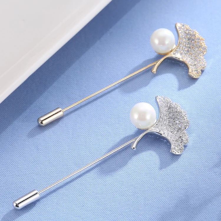 

Korean-style Micro Pave Ginkgo Leaf A- line Needle Pearl Corsage-Style Pin Brooch Suit Woolen Coat Men And Women Accessories