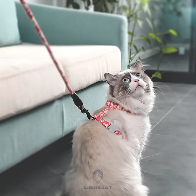Cute Cat Traction Rope Japanese Style Floral Cat Chest Strap Adjustable Pet Cat Leash Cat Collar Harness Leash For Cat Kitten
