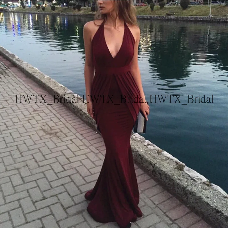 HWTX_Bridal Бургундия Русалка вечернее платье Индивидуальные без рукавов Глубокий v-образный вырез Длинные Выпускные Платья Vestidos de fiesta de noche